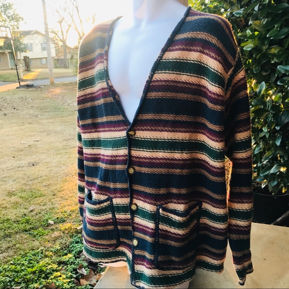 Structure Other - Men Large Cardigan Sweater Stripe Maroon Green